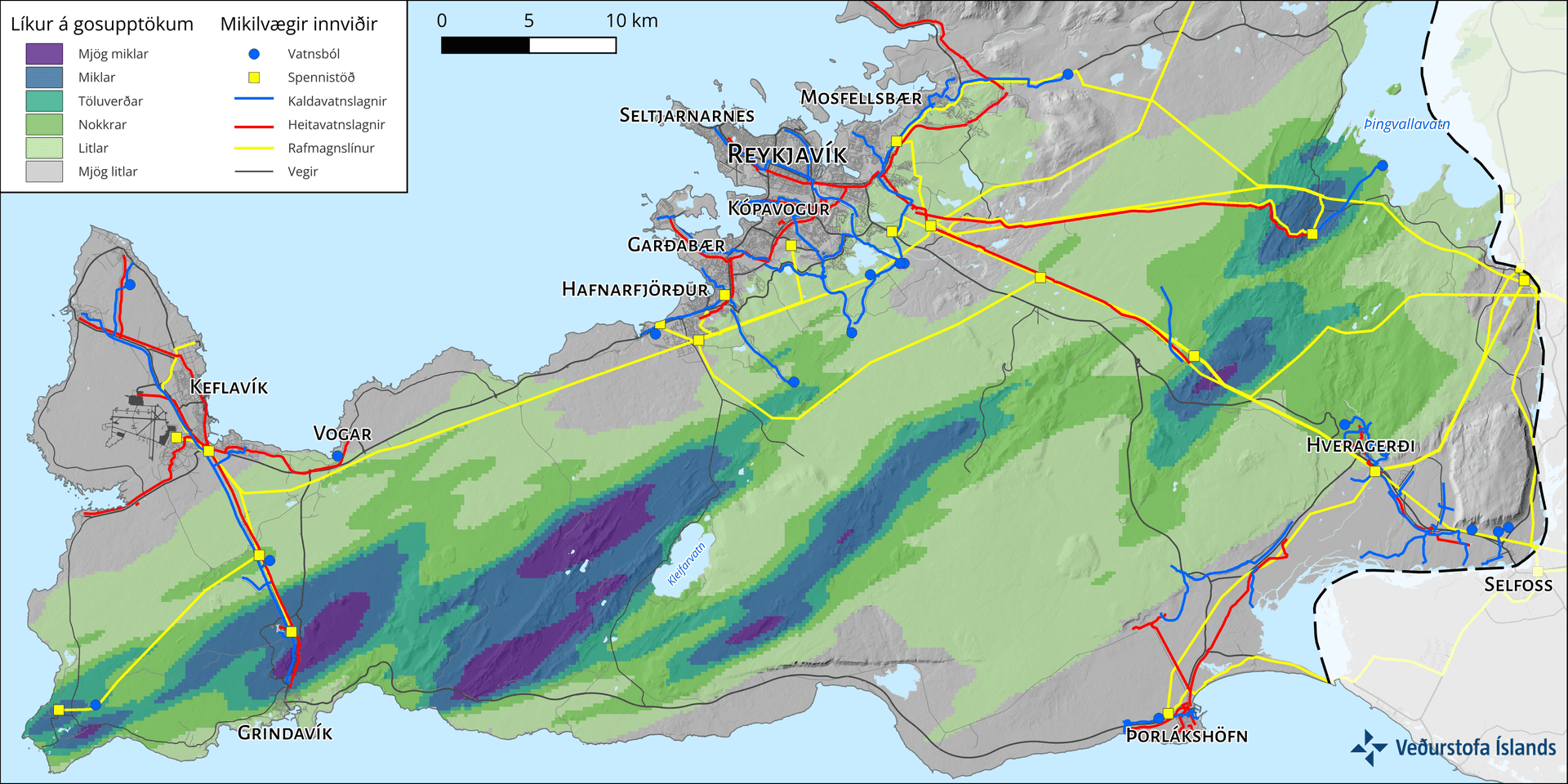 Kort sem sýnir líkur á gosupptökum á Reykjanesskaga samkvæmt MatHaz-líkaninu. Dekkri litir sýna meiri líkur og yfir kortið eru lagðir mikilvægir innviðir, þar á meðal vegir, raflínur, heitavatnslagnir og kaldavatnslagnir.